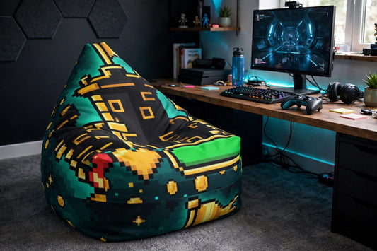 Respawn Point bean bag chair with pixel castle and gold heart graphics set up beside a gaming desk