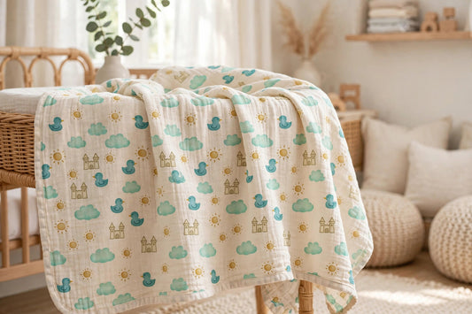 Baby swaddle blanket with new pattern, draped in a soft bright nursery