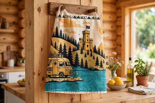 Kitchen hand towel with new retro camper pattern, hanging in a bright kitchen