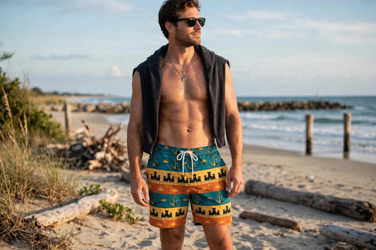 Retro Coastal — Men's Swim Shorts: man on a beach wearing the retro coastal swim shorts with a white drawstring