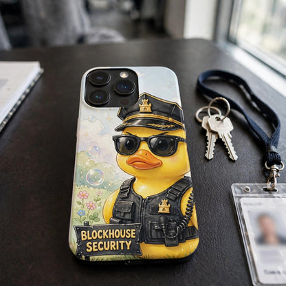 Rubber Duck Security premium snap phone case on a security desk