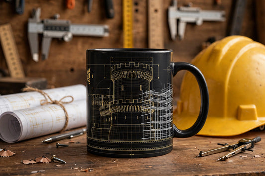 Builder's Mug — Fortress Blueprint design, styled on a workshop desk with blueprints