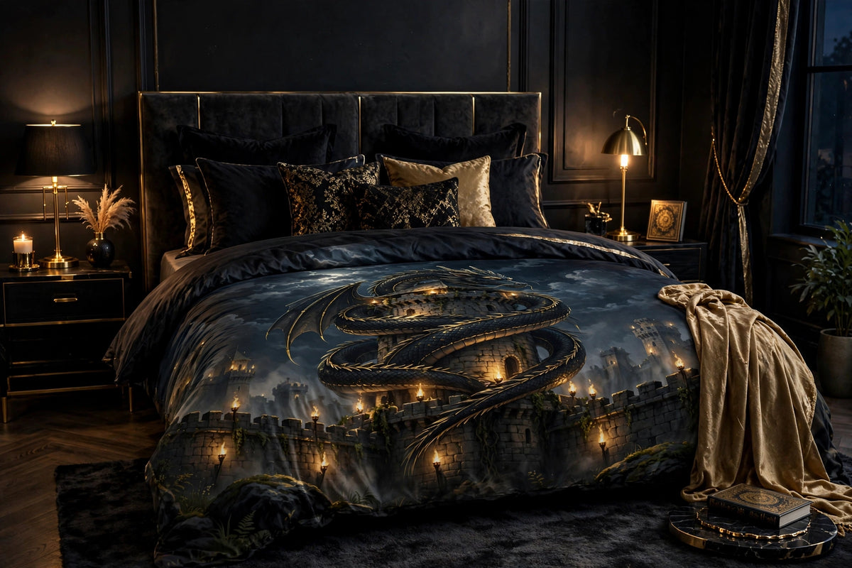 Dragon's Rest duvet set on a styled bed — black dragon coiled around a fortress tower under a full moon