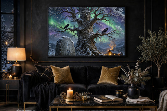 Yggdrasil at Yule framed print in a matte black frame hanging above a sofa in a cozy living room