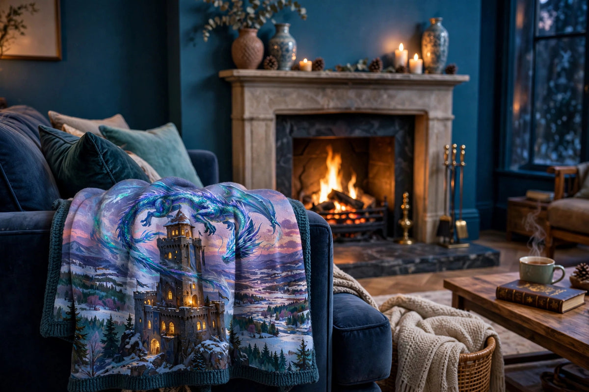 Winter 2026 Frost Dragon throw blanket draped over a sofa arm by a fireplace