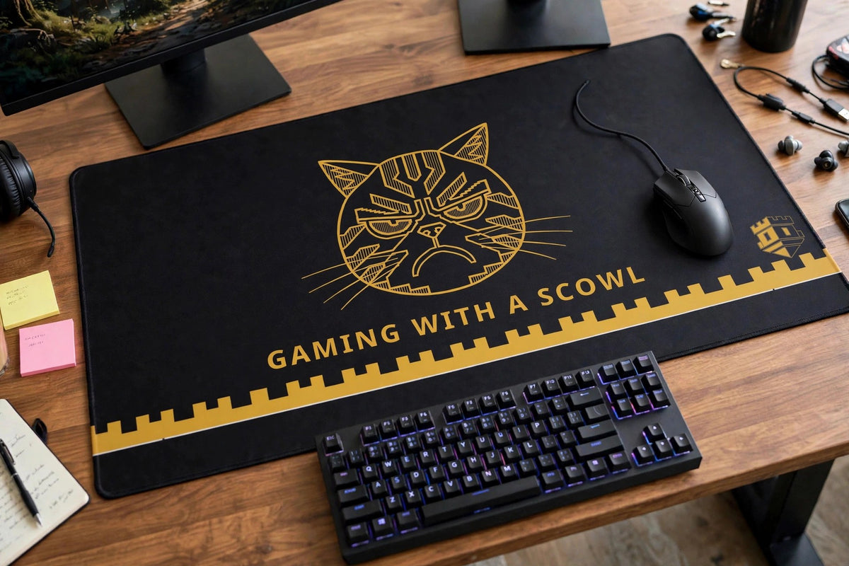 Gaming with a Scowl desk mat on a home office desk seen from a closer angle, with keyboard and mouse on the black mat with the gold scowling cat design