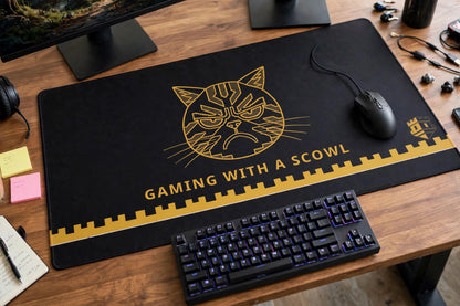 Gaming with a Scowl desk mat on a home office desk seen from a closer angle, with keyboard and mouse on the black mat with the gold scowling cat design