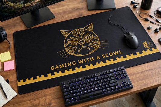 Gaming with a Scowl desk mat on a home office desk seen from a closer angle, with keyboard and mouse on the black mat with the gold scowling cat design