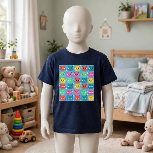 Scowl Kitty kids heavy cotton tee in navy with a colourful grumpy cat print, worn by a child mannequin in a child's bedroom