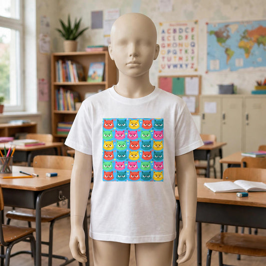 Scowl Kitty kids heavy cotton tee in white with a colourful grumpy cat print, worn by a child mannequin in a classroom