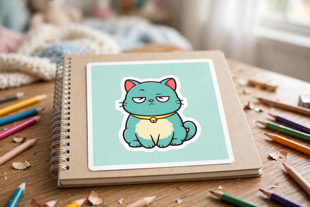 Scowl Kitty kids sticker — single kiss-cut vinyl sticker of a grumpy kitten in bright colours