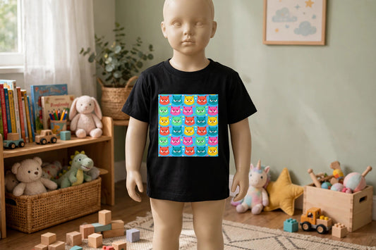 Scowl Kitty toddler tee in black with a colourful grumpy cat print, worn by a child mannequin in a child's bedroom