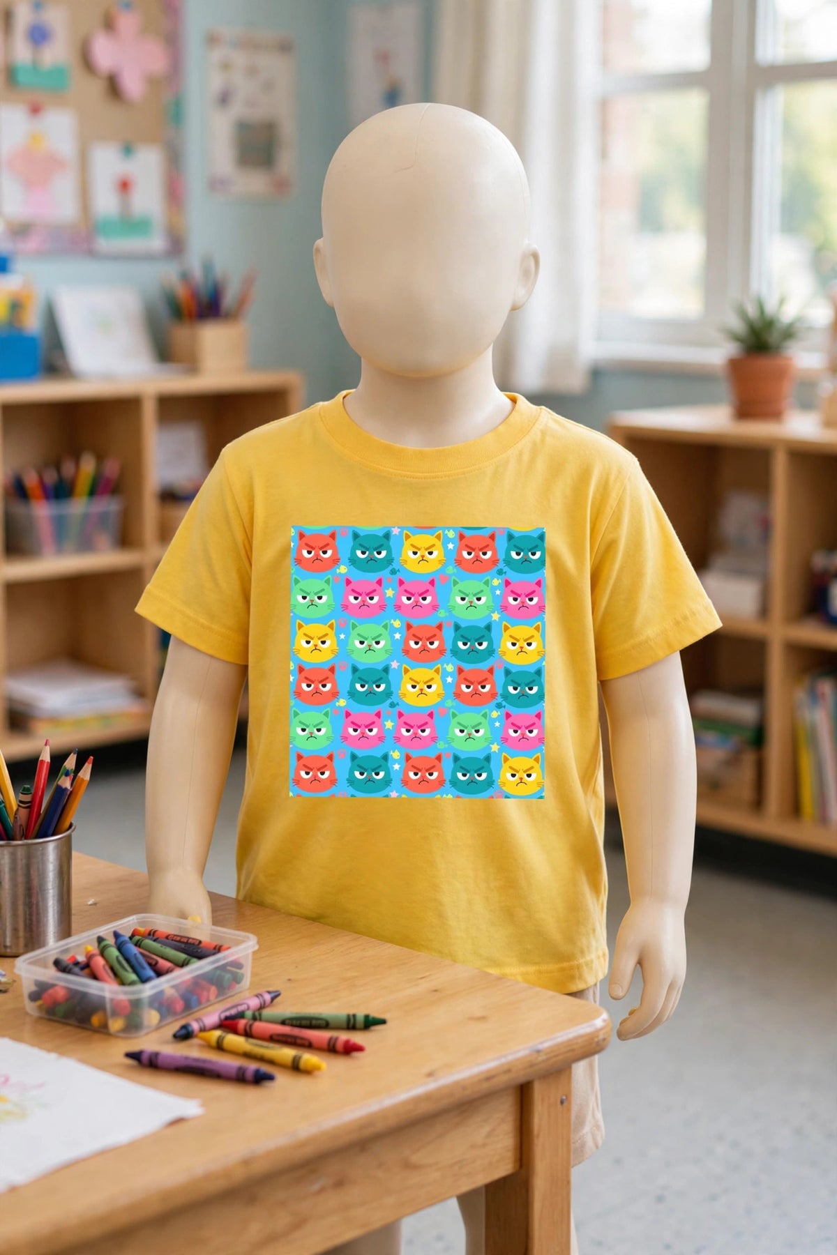 Scowl Kitty toddler tee in yellow with a colourful grumpy cat print, worn by a child mannequin in a classroom