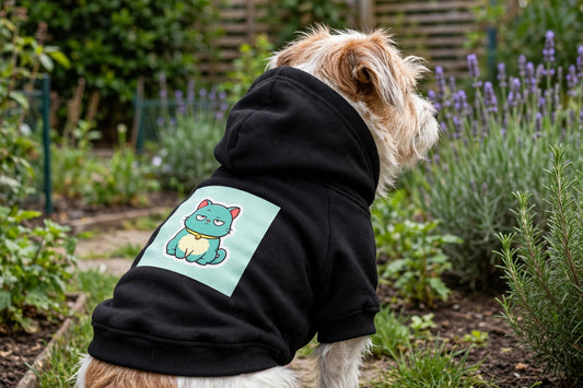 A small dog wearing the black Scowl pet hoodie in a garden, showing the grumpy teal cat print on the back.