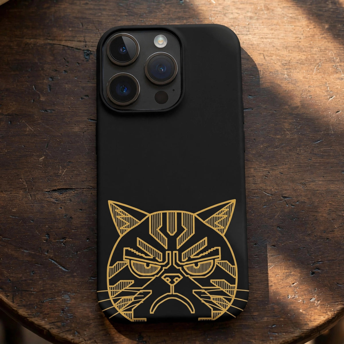 Scowl premium snap phone case with gold cat line art on a café table