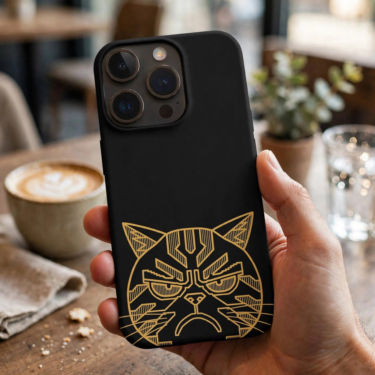 Scowl premium snap phone case on a phone held in a hand at a cafe, black case with the gold line-art scowling cat face on the back