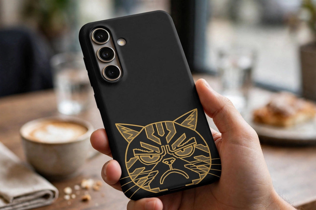Scowl premium tough phone case on a phone held in a hand at a cafe, black case with the gold line-art scowling cat face on the back