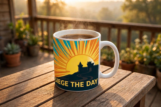 Siege the Day mug filled with coffee on a porch table at sunrise, orange sunrise over a castle hill