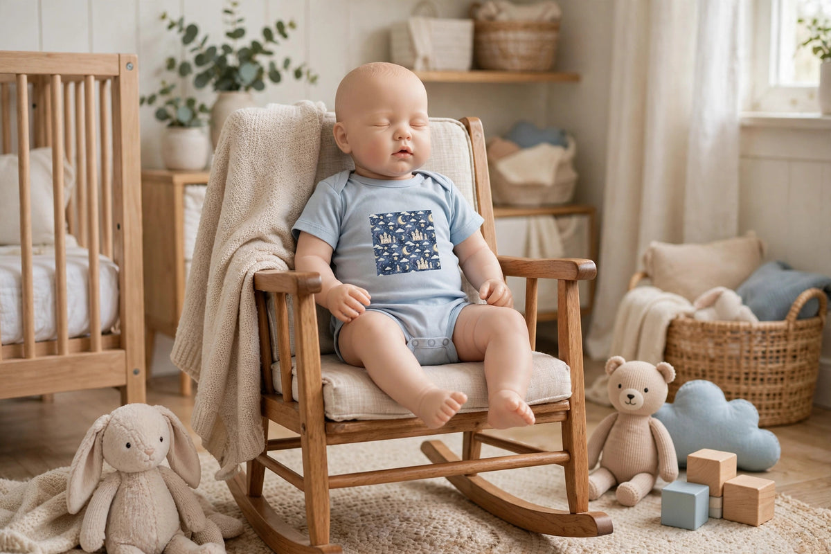 Sleepy Castle infant bodysuit in light blue with a navy castle, moon and stars print, worn in a nursery rocking chair