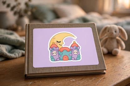 The Sleepy Castle kids sticker — single kiss-cut vinyl sticker of a drowsy castle tower under soft stars