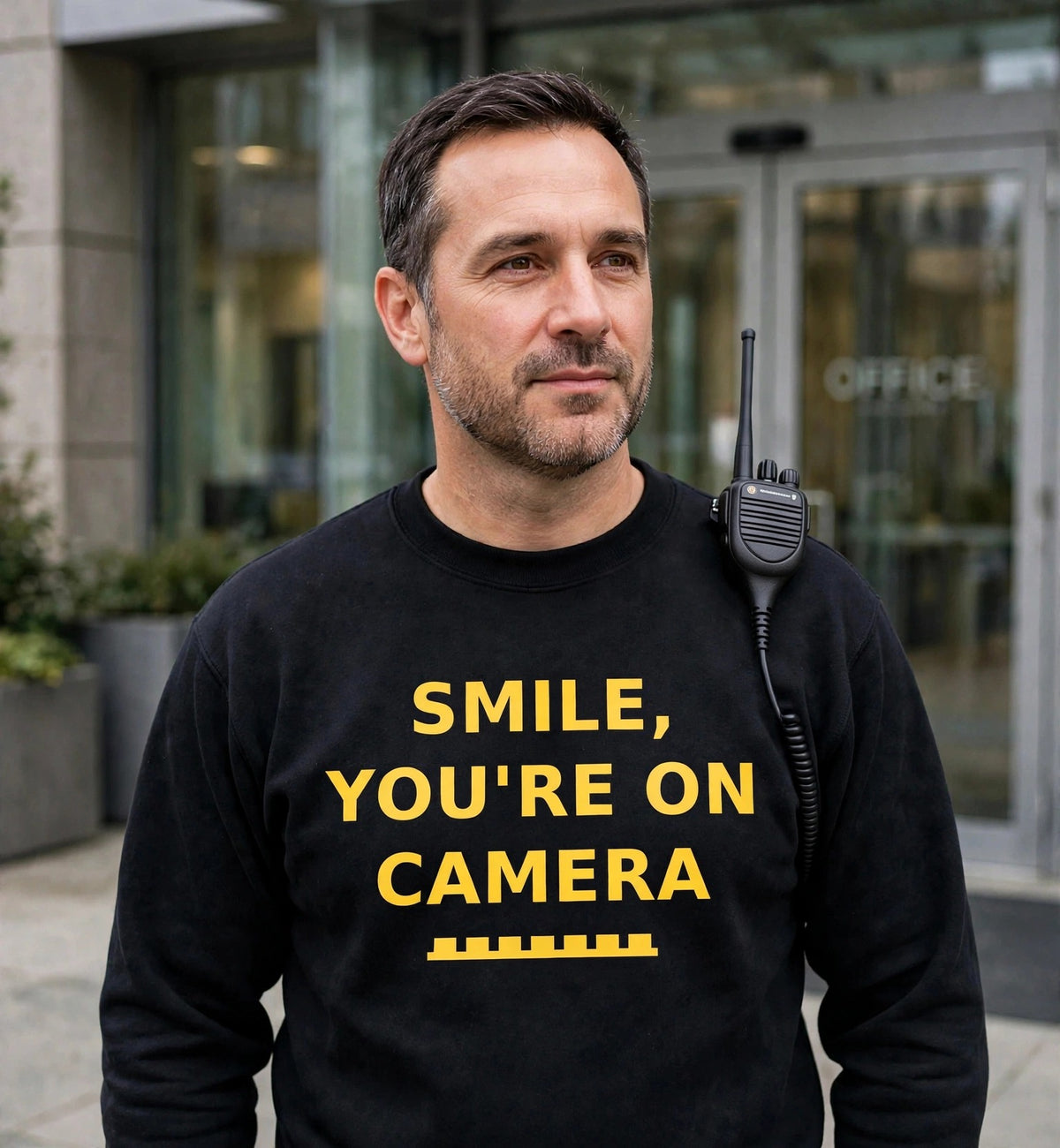 Man modeling the black Smile On Camera sweatshirt at an office entrance, yellow print SMILE, YOU'RE ON CAMERA with gold battlement strip fully visible