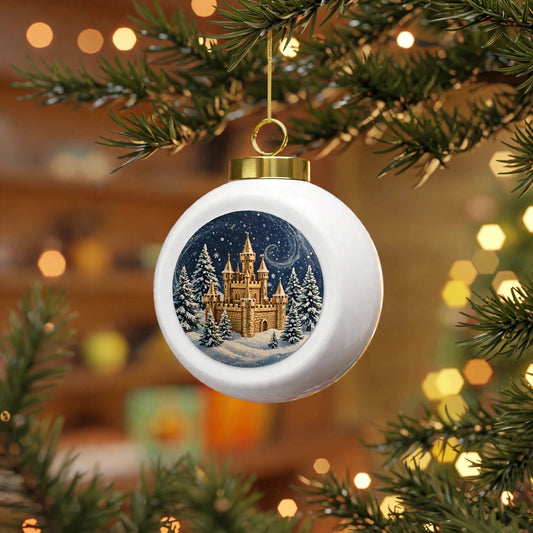 Winter Wonderland Snowglobe Bauble hanging on a Christmas tree with warm fairy lights, white bauble printed with a golden castle, snow-covered pines and a navy starry sky