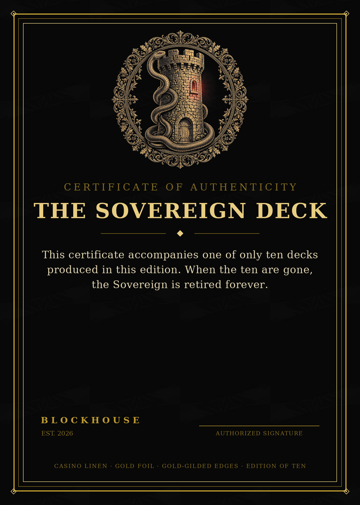 Sovereign Deck certificate card — Certificate of Authenticity, edition of ten