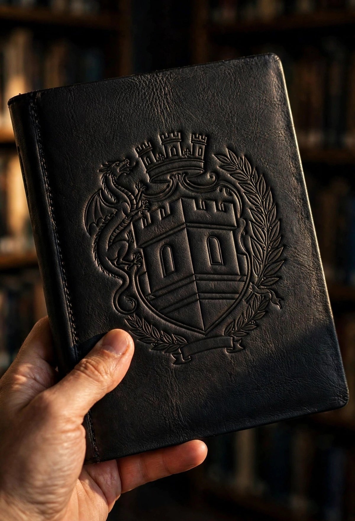 Hand holding the black Sovereign Crest engraved leather journal in a library, debossed crest catching the light