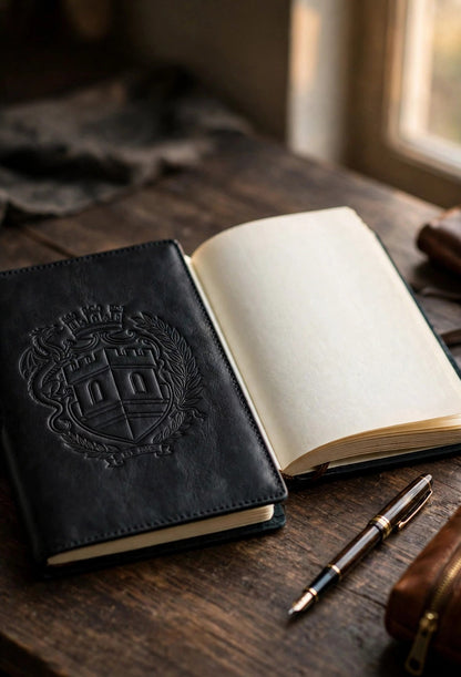 The Sovereign Crest engraved leather journal lying open on a wooden desk beside a fountain pen, crest cover folded back