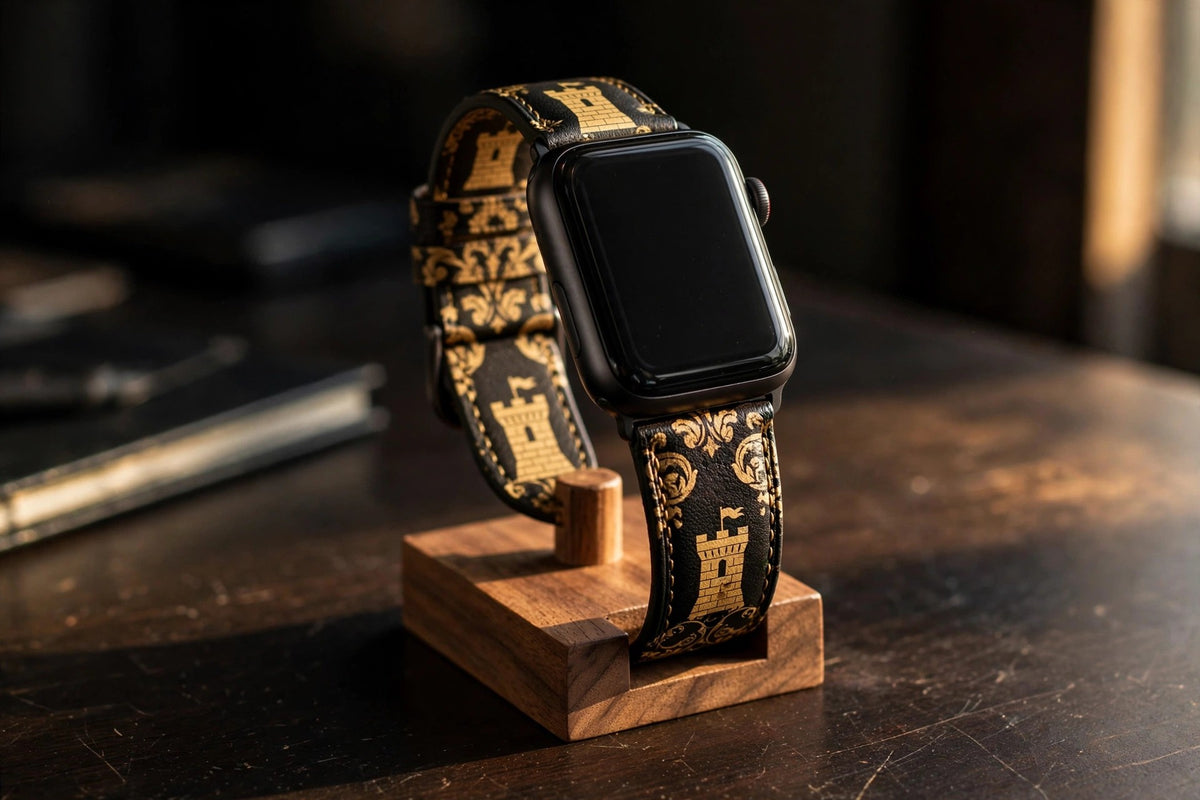 Sovereign Damask Apple Watch strap on a wooden watch stand