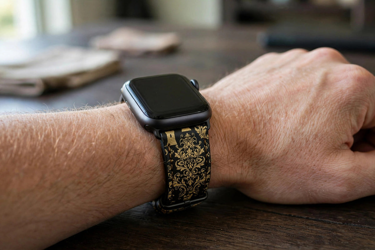 Sovereign Damask Apple Watch strap worn on a wrist