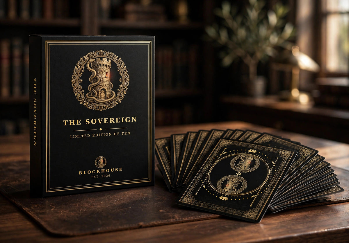 The Sovereign Deck box with cards fanned beside it on a leather desk