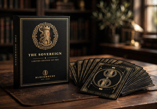 The Sovereign Deck box with cards fanned beside it on a leather desk