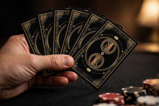 Hand holding a fan of Sovereign Deck cards showing the gold tower-and-serpent back design over a black felt table