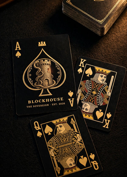Sovereign Deck Ace of Spades with the King and Queen of Spades on a black felt table