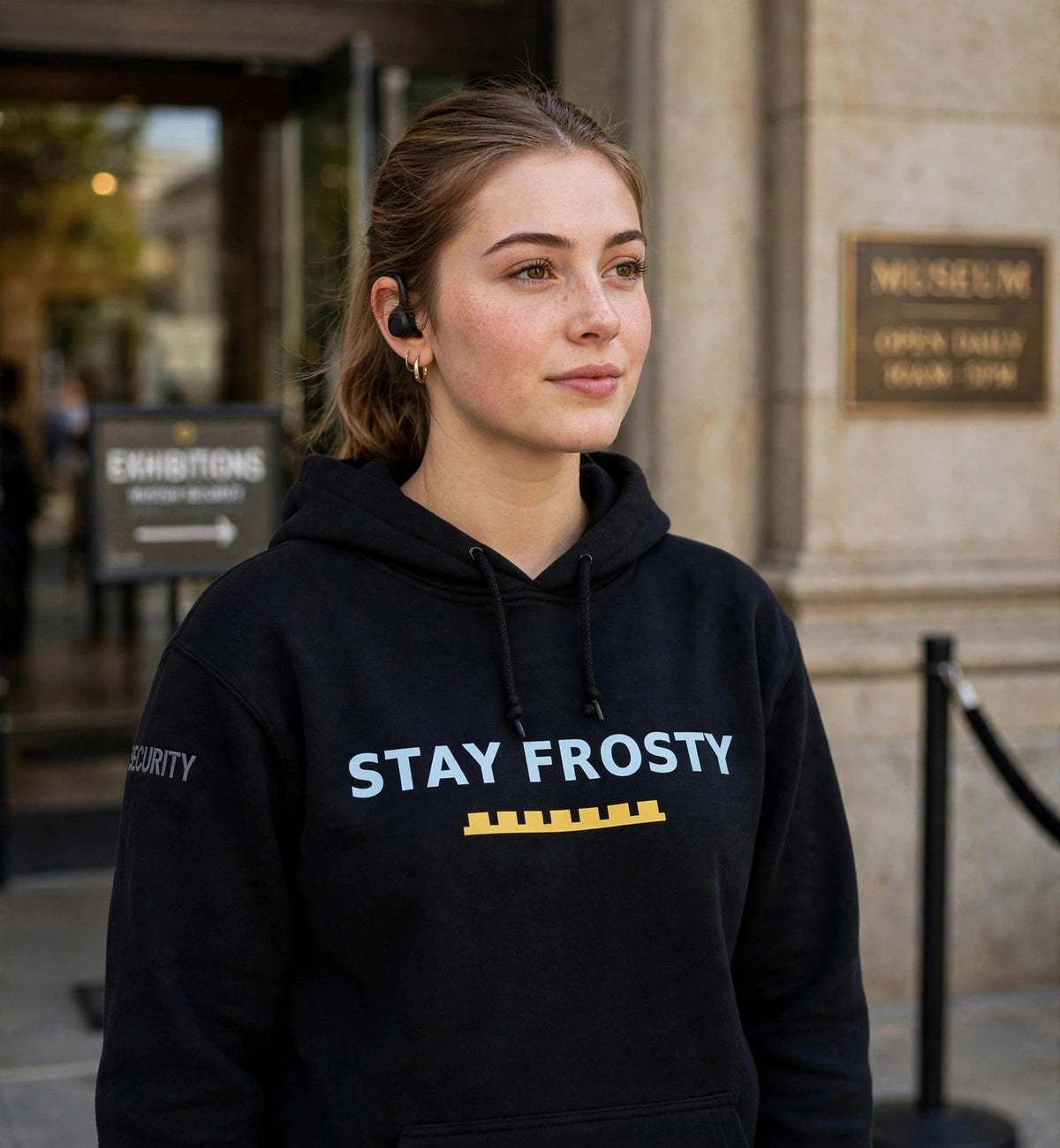 Woman modeling the black Stay Frosty hoodie at a museum entrance, pale blue print STAY FROSTY with gold battlement strip fully visible