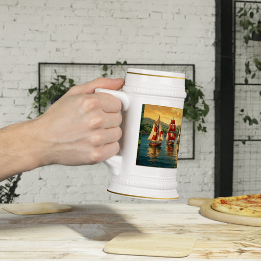 Heritage Village beer stein held in hand — Village Wrap design