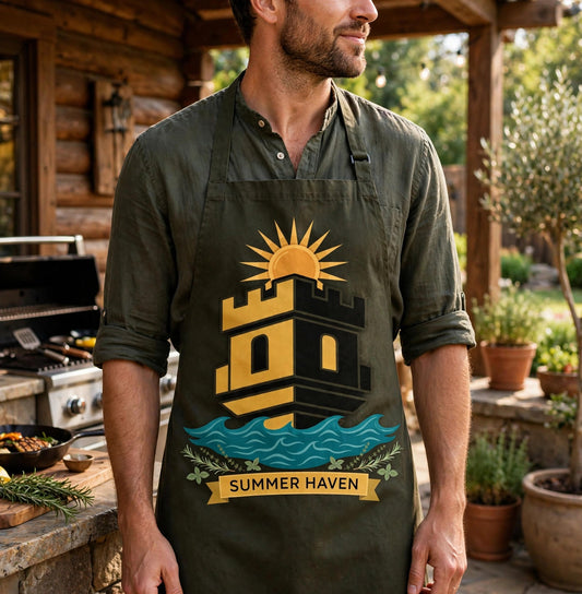 Apron with new design worn by a cook in a sunny kitchen and BBQ setting