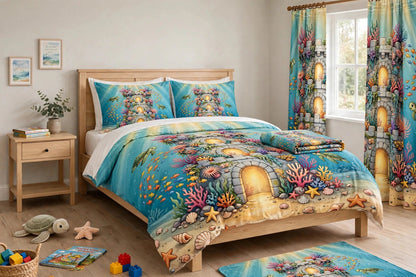 The Sunken Fortress complete bedroom set in a kids bedroom seen from a closer angle, with the printed duvet, pillow shams, curtains and rug