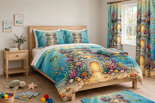 The Sunken Fortress complete bedroom set in a kids bedroom seen from a closer angle, with the printed duvet, pillow shams, curtains and rug
