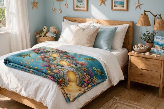 The Sunken Fortress blanket folded at the foot of a bed in a kids ocean-themed bedroom