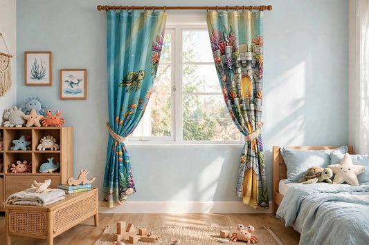 Sunken Fortress curtains with coral castle artwork drawn open in a child's bedroom