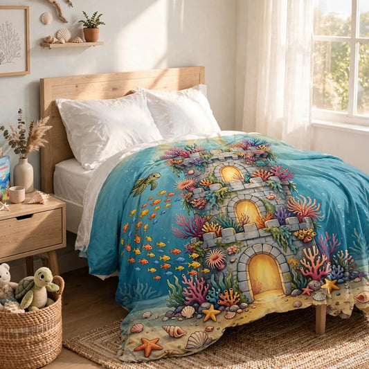 Sunken Fortress duvet cover with coral castle artwork draped over a child's bed, close view
