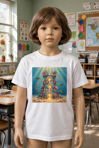 Sunken Fortress kids heavy cotton tee in white with an underwater castle reef print, worn by a child mannequin in a classroom