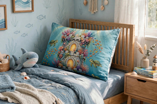 Sunken Fortress pillow sham with coral castle artwork propped on a child's bed, close view