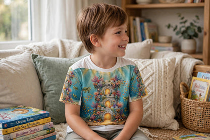 Child wearing the Sunken Fortress all-over print tee with coral castle artwork, three-quarter view on a sofa