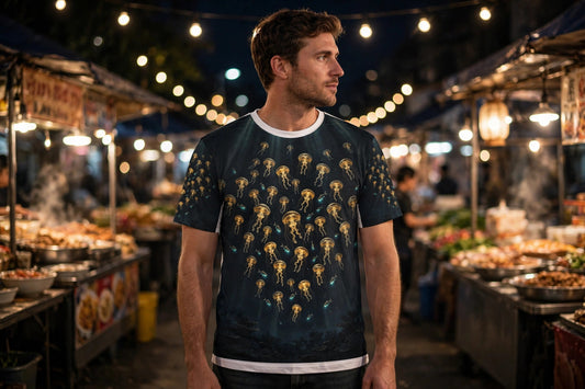 The Deep Lanterns — All-Over Print Tee — modeled in an evening night market, glowing golden jellyfish print fully visible with no strap