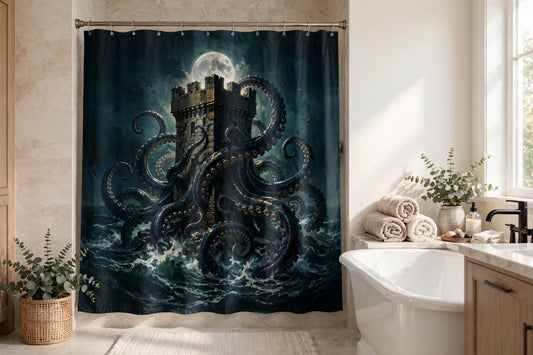 The Kraken’s Embrace — Shower Curtain — lifestyle photo