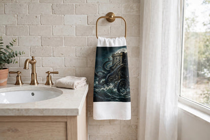 The Kraken's Embrace hand towel hanging on a brass towel ring beside a sink in a bright bathroom