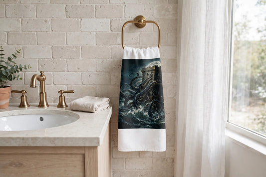 The Kraken's Embrace hand towel hanging on a brass towel ring beside a sink in a bright bathroom